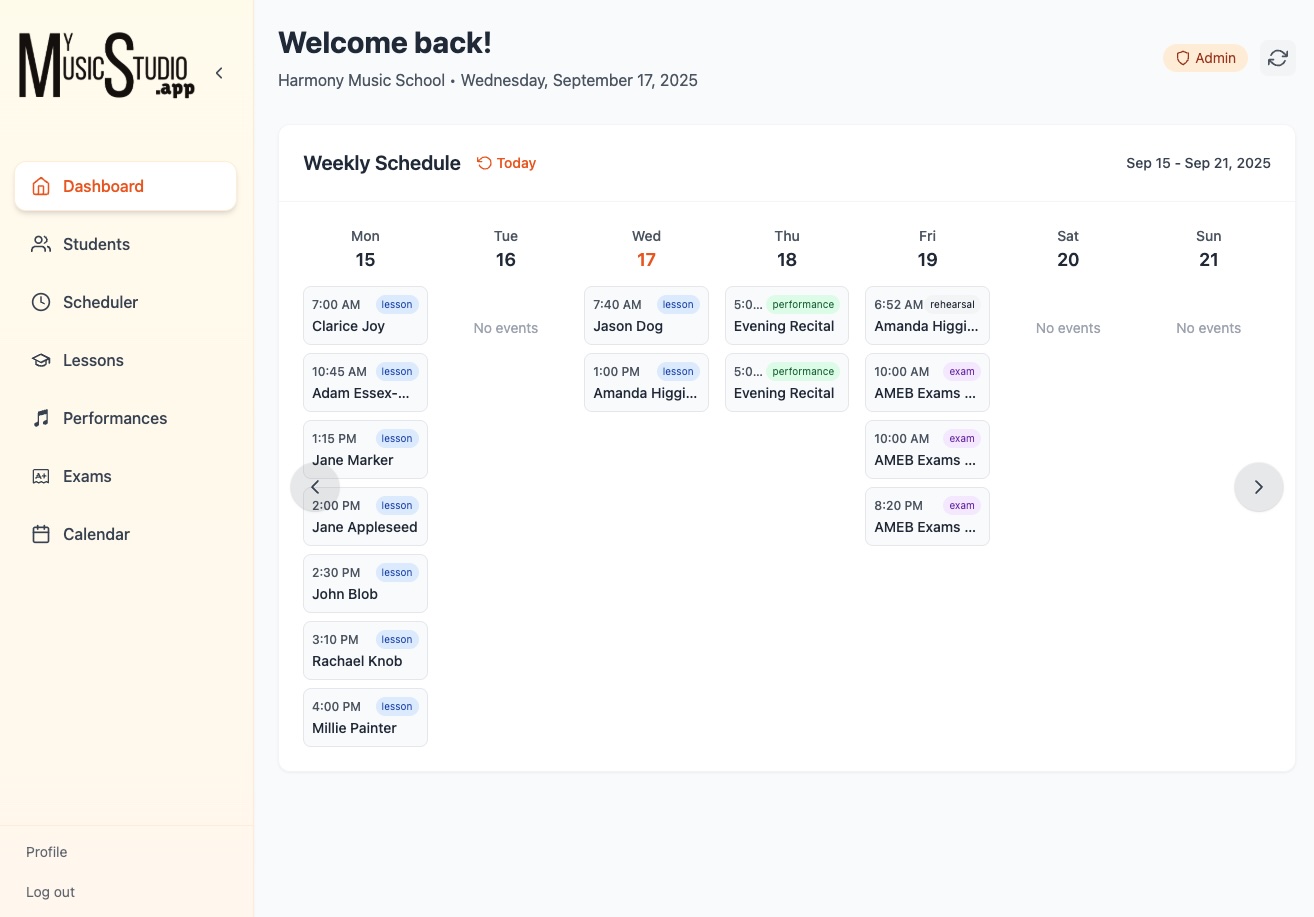 A screenshot of a dashboard with lesson times, performance times, and exam times for a teacher to view their schedule in.