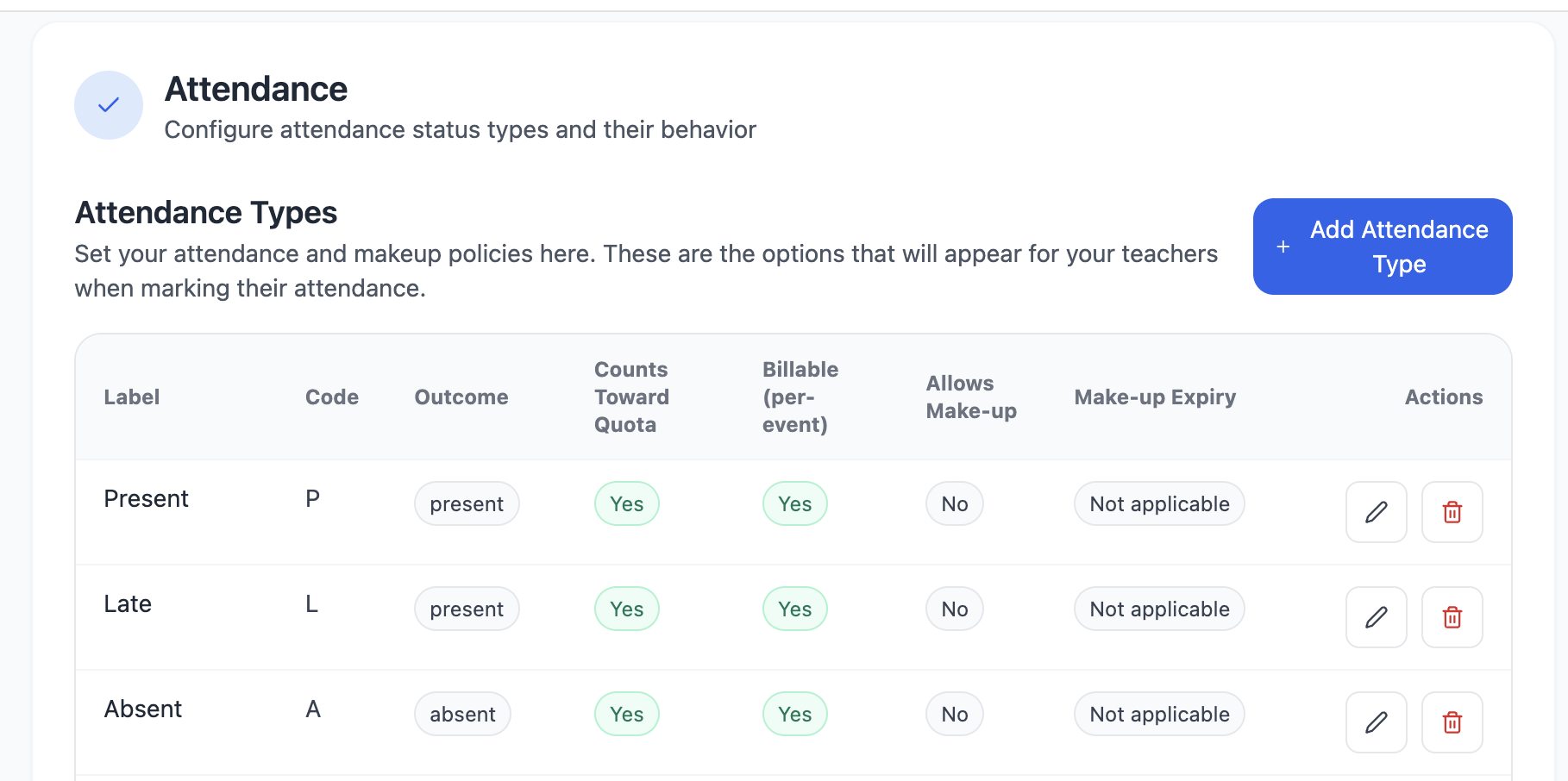 Octavia attendance settings configured so an absence does not create a makeup credit