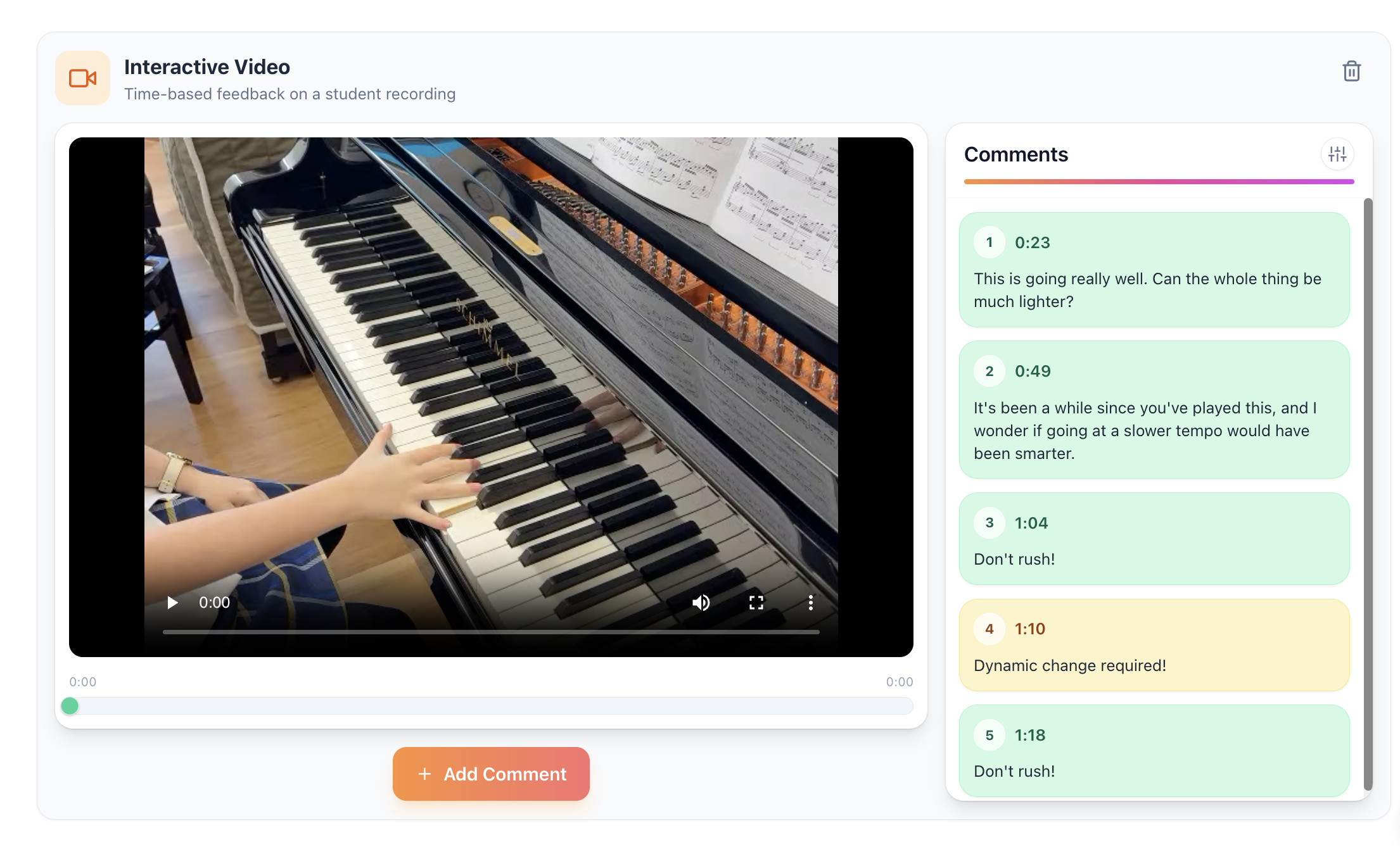 Octavia Interactive Video tool showing time-stamped feedback markers on a student's recording