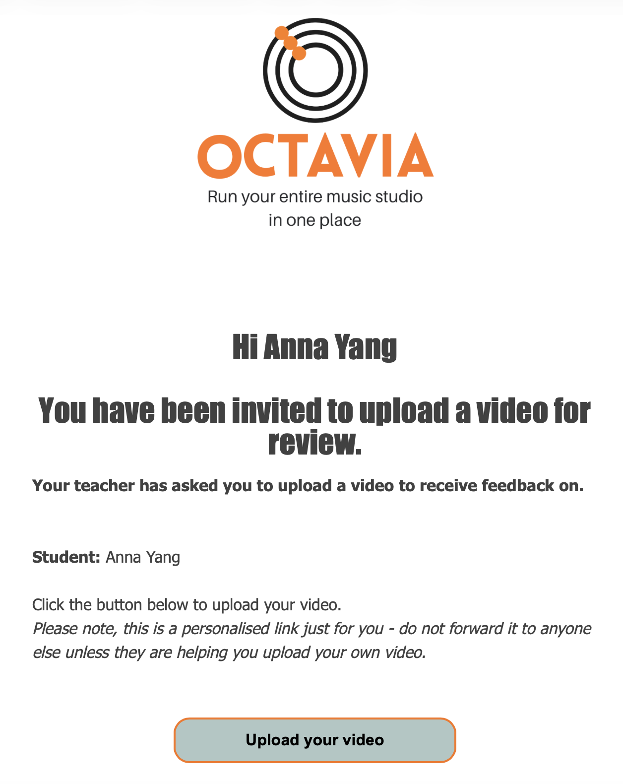 Octavia Interactive Video invitation screen for sending a student a secure video upload link
