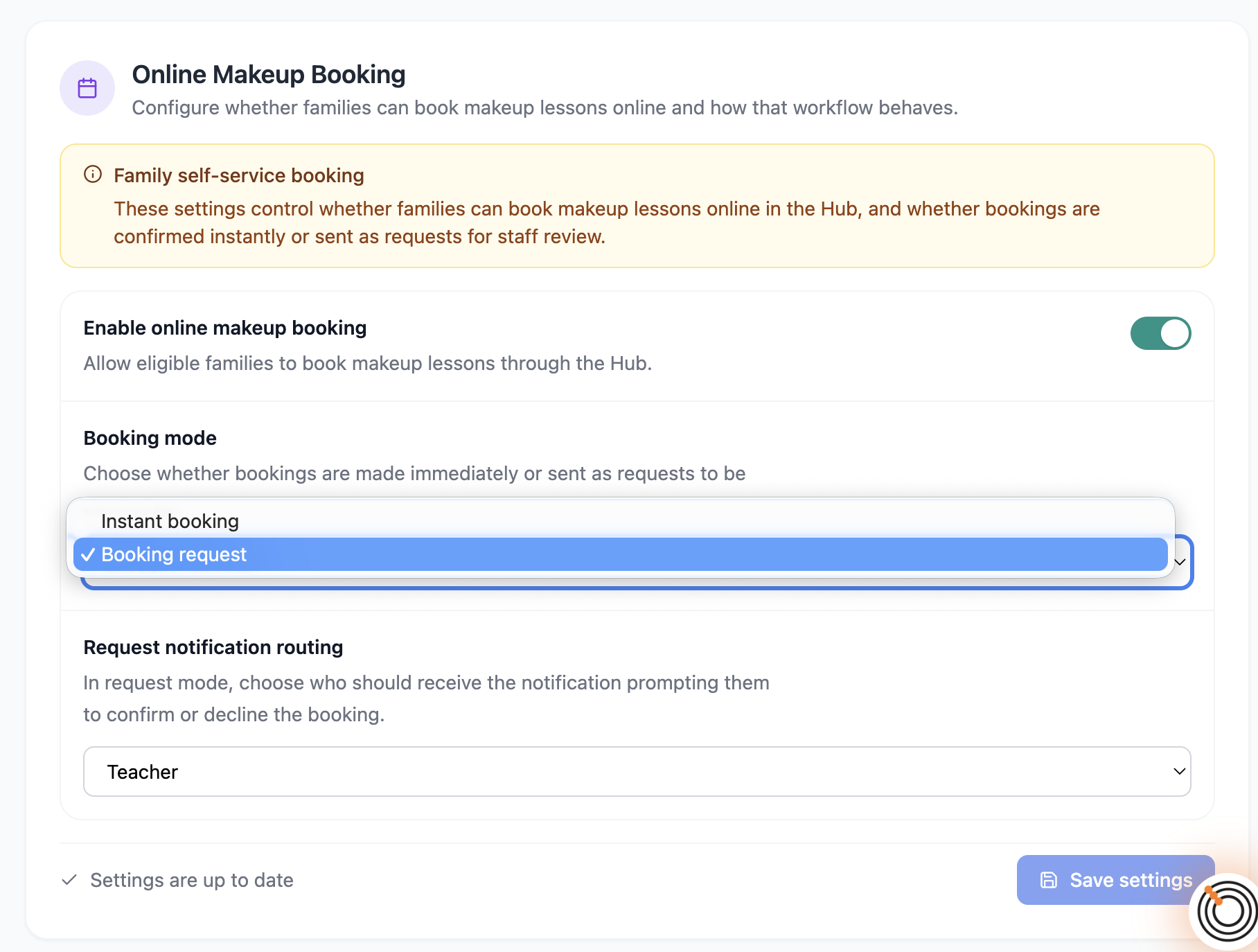 Octavia Hub Settings for enabling online makeup booking and selecting a booking mode