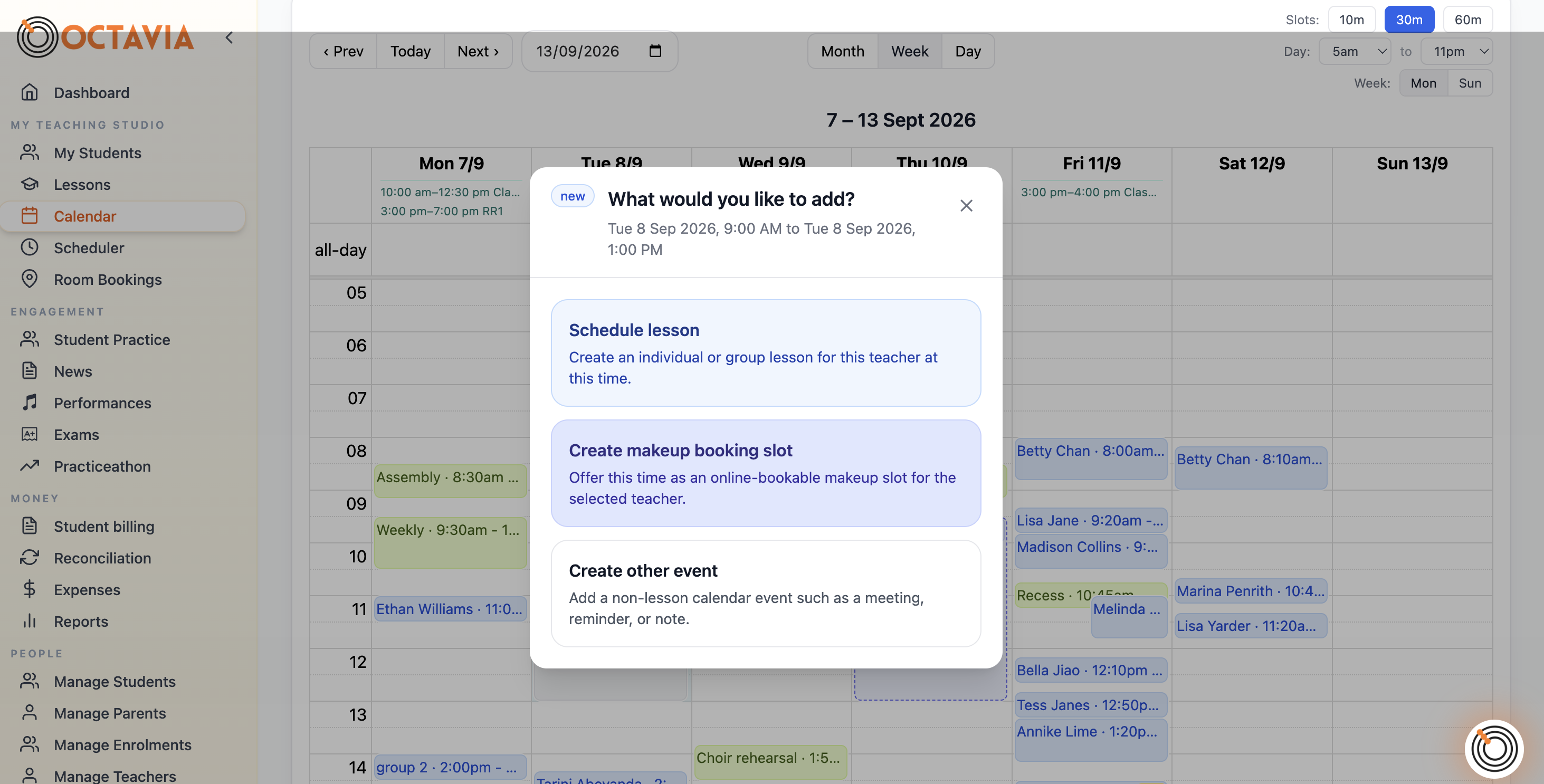 Octavia calendar showing the first step for creating a makeup booking slot