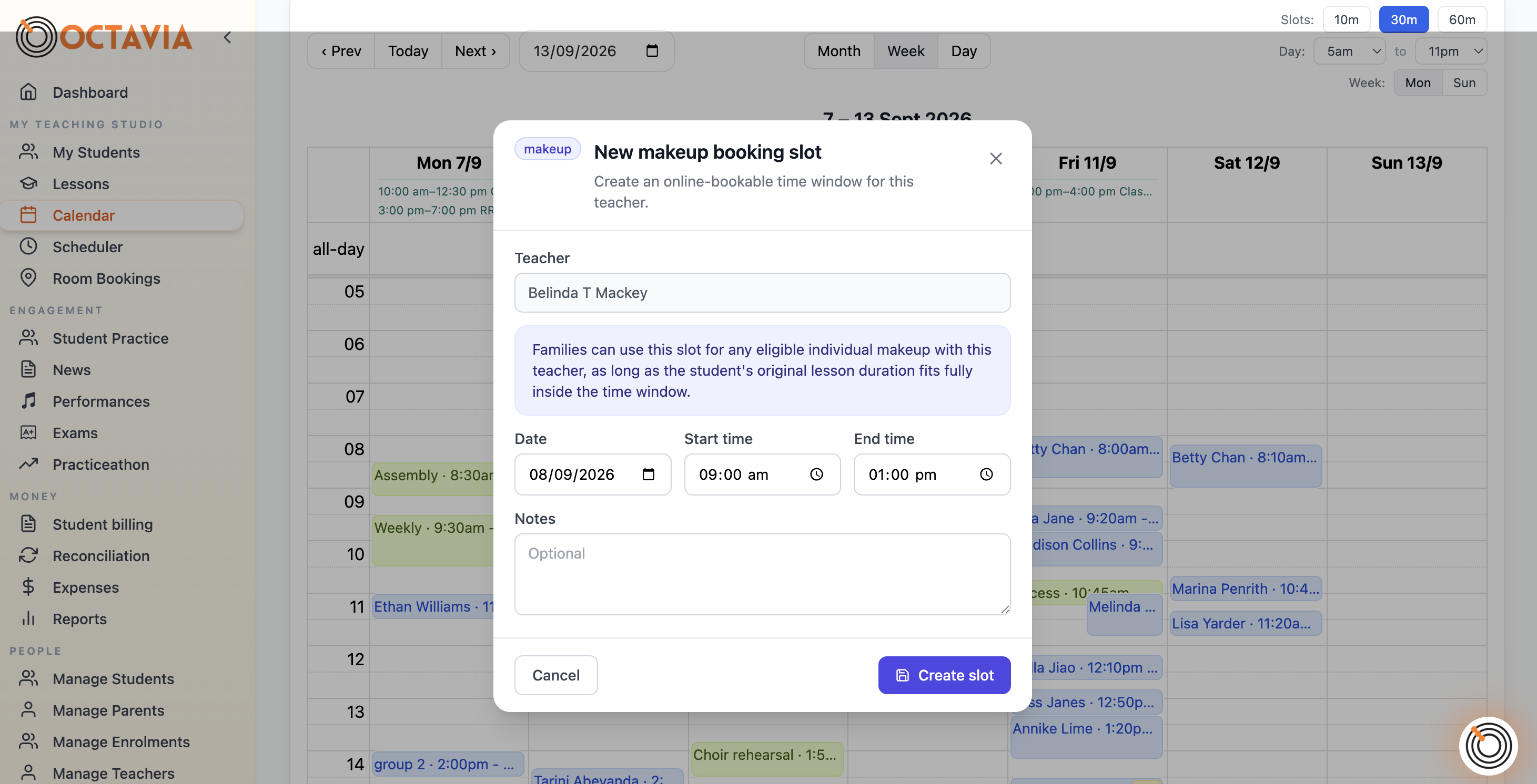 Octavia calendar showing the makeup booking slot creation settings