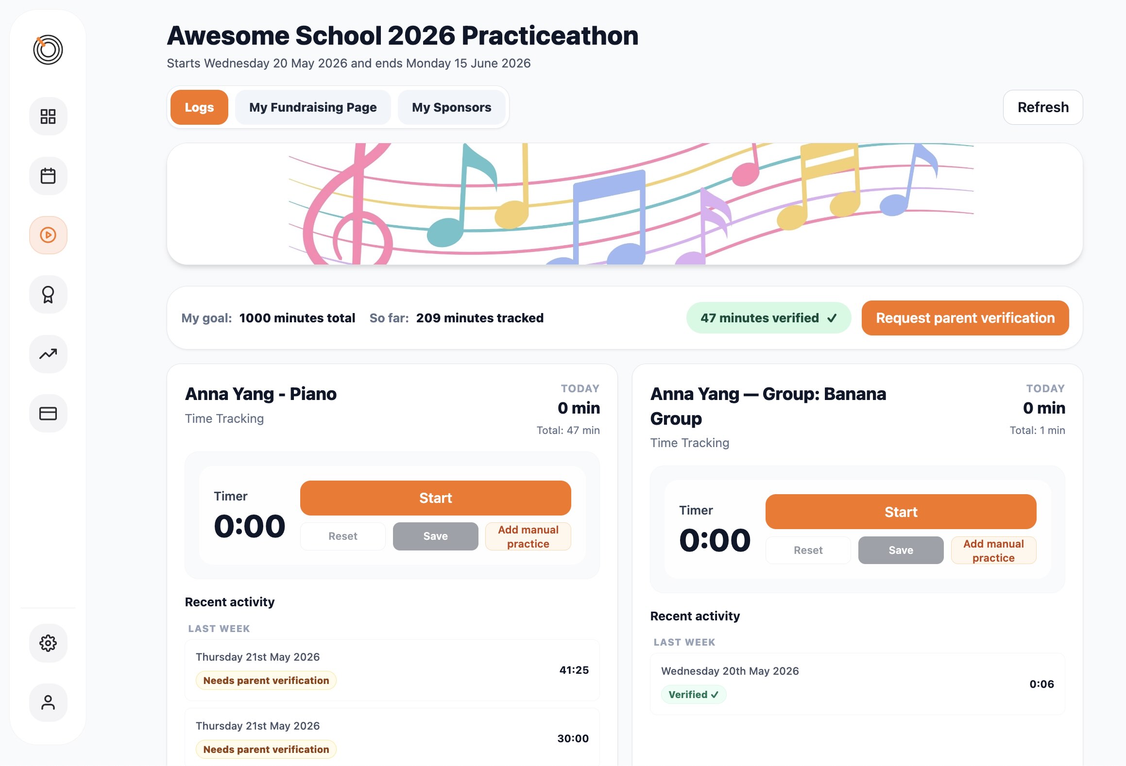 Students taking part in a school music practice challenge