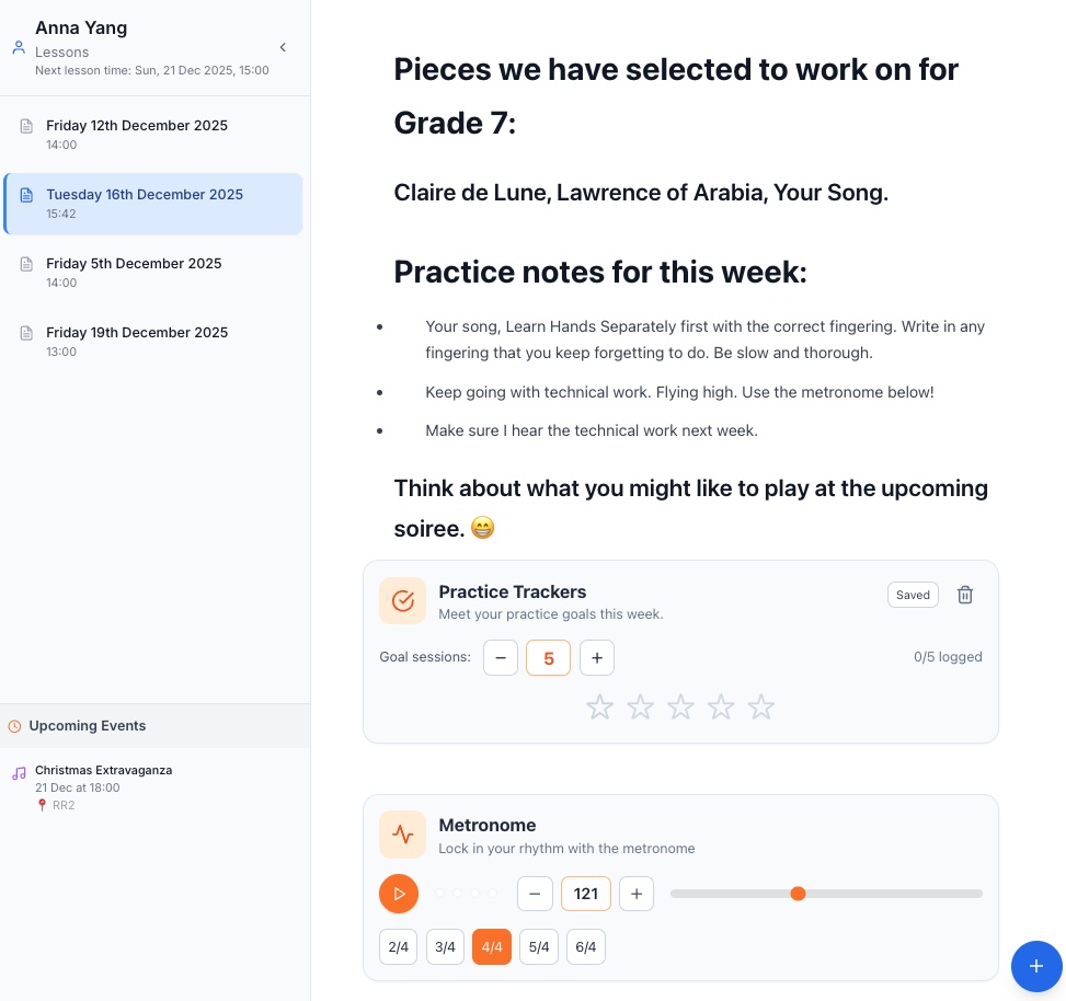 Music teacher writing digital lesson notes after a lesson