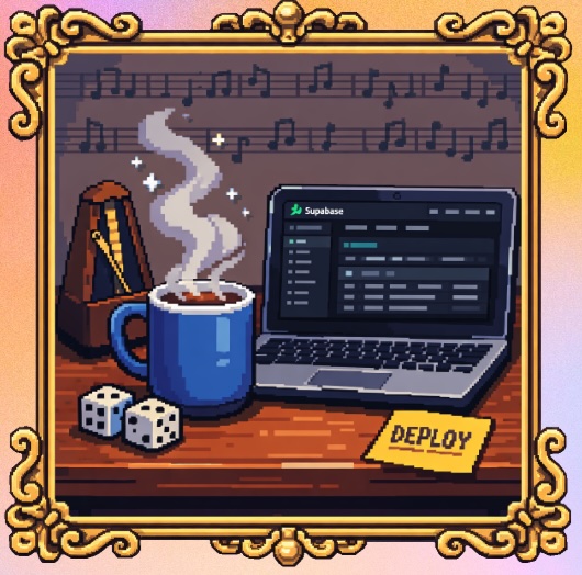 A computer, metronome, music whiteboard, and dice, with a post-it note saying deploy.