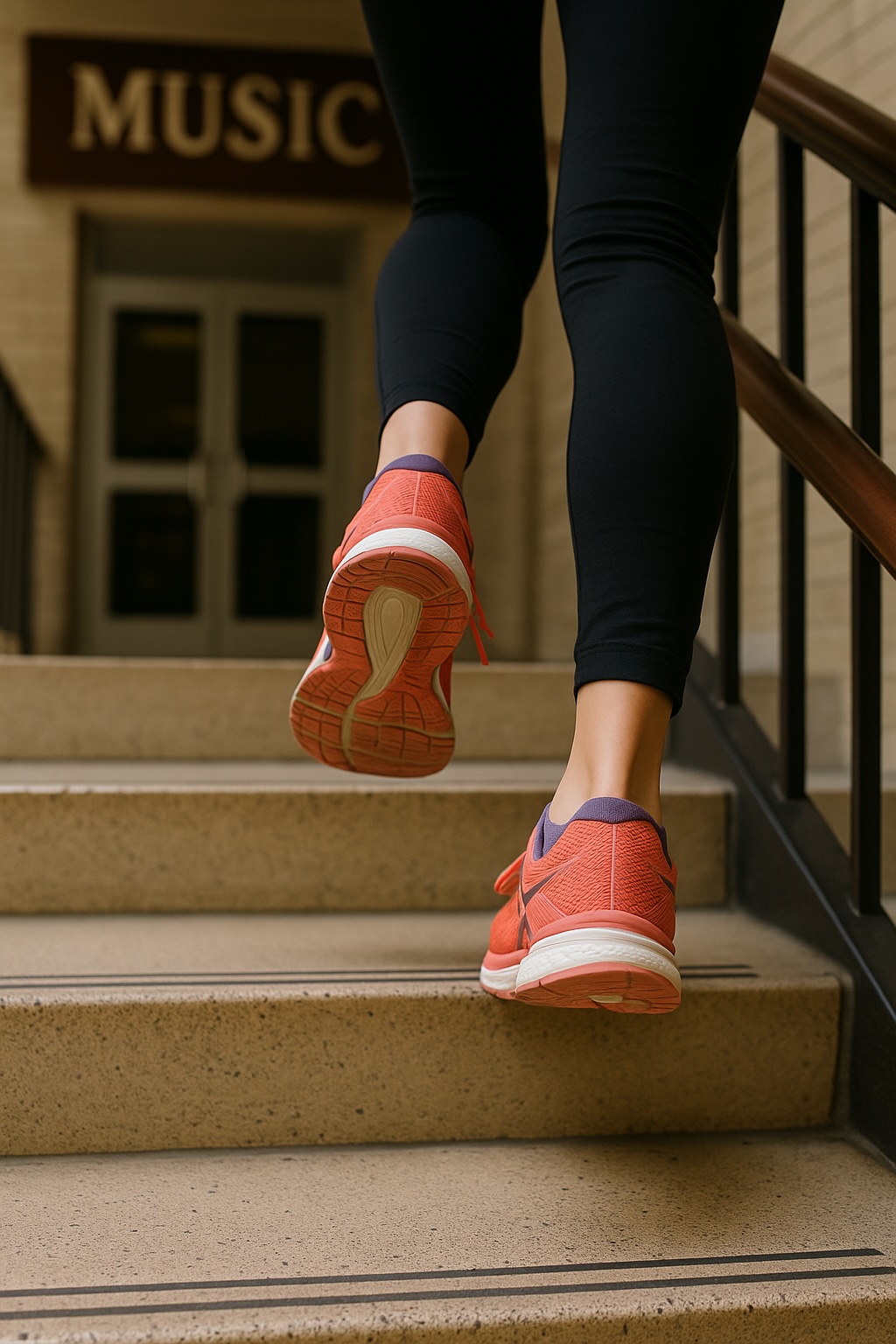 Close-up of a young musician’s running shoes climbing stairs inside a music building, symbolising preparation for performance and overcoming stage nerves.
