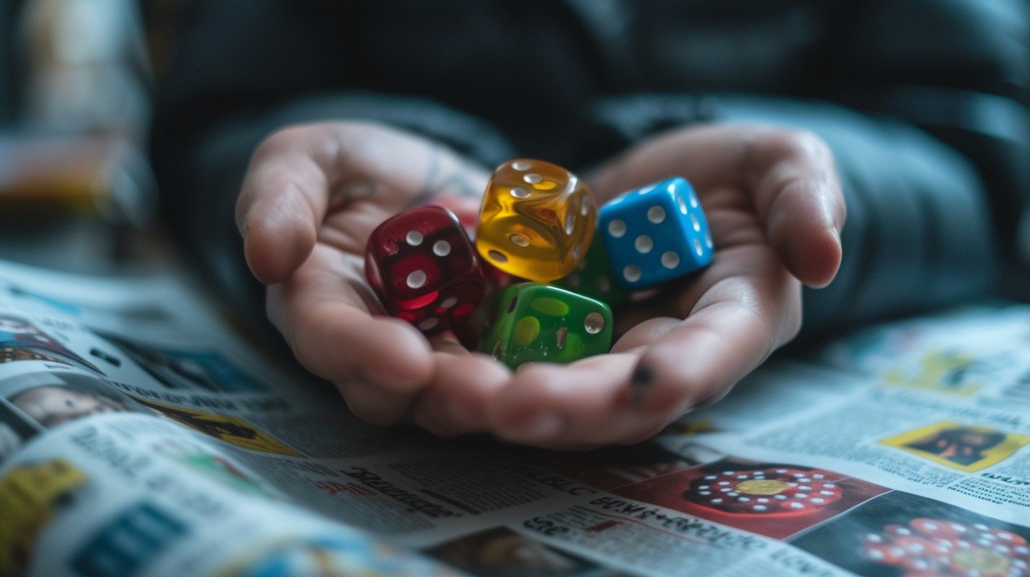 A young hand holding a collection of dice