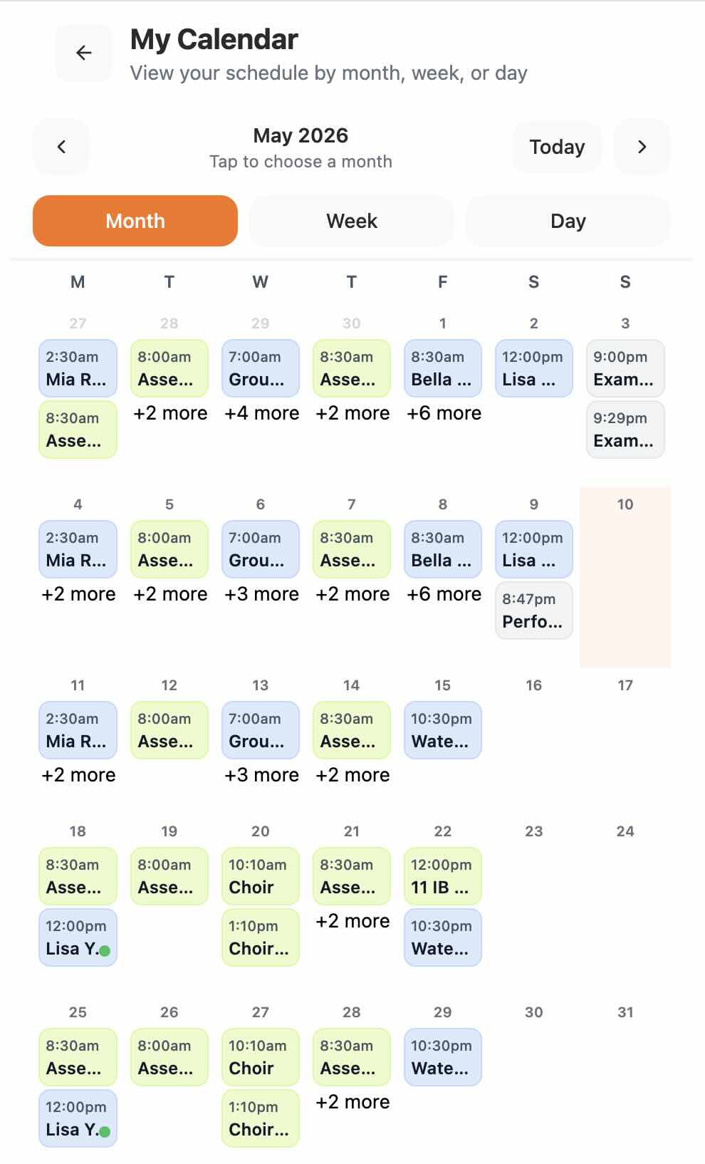 View of the mobile calendar view in Octavia