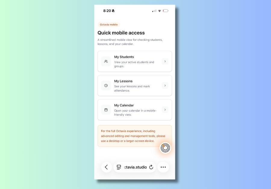 Octavia music teaching studio management app on a mobile phone