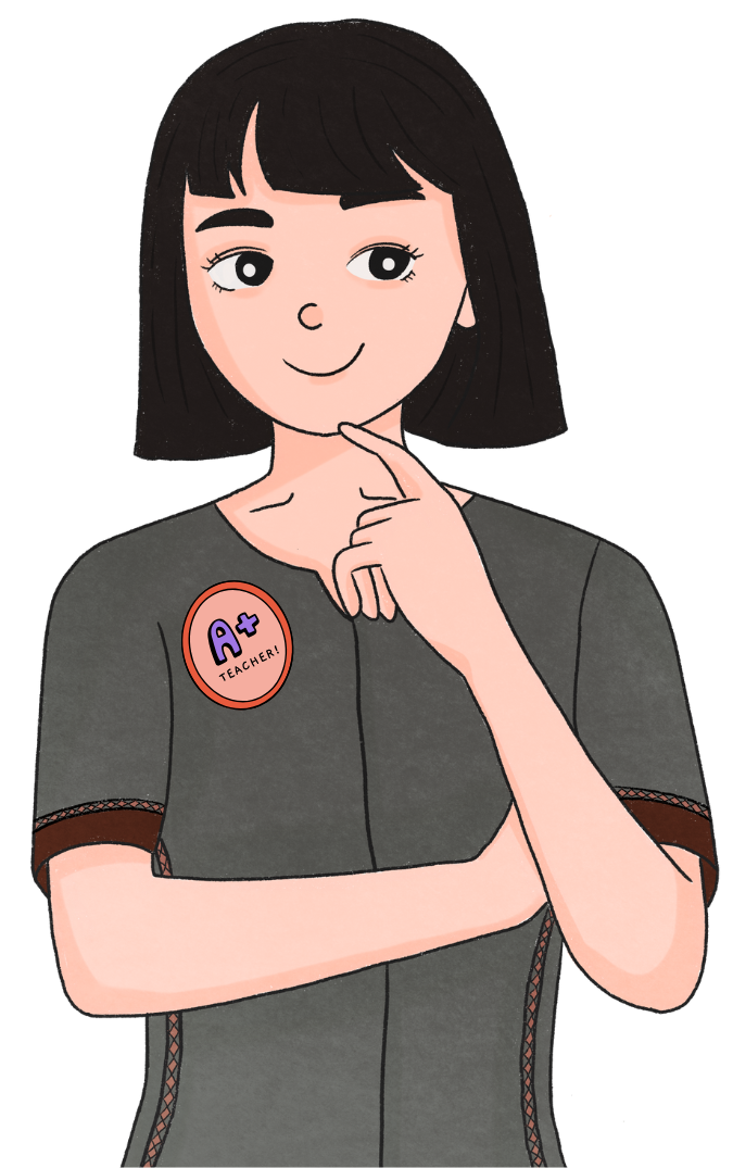A teacher looking happy with herself with an A+ badge on