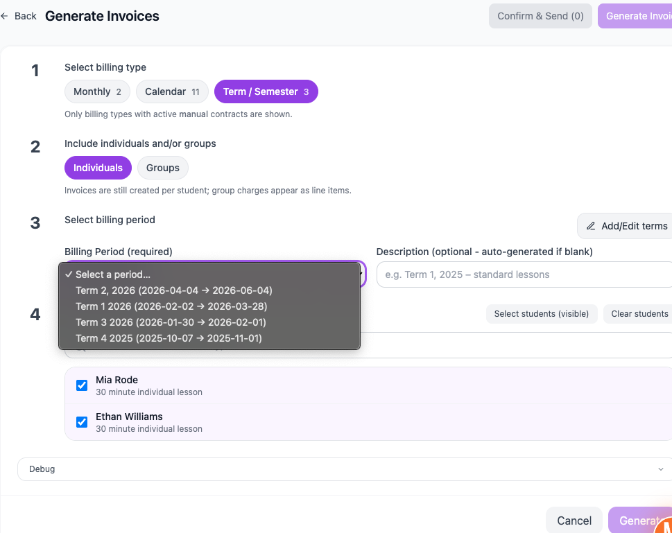 Billing and invoicing screenshots