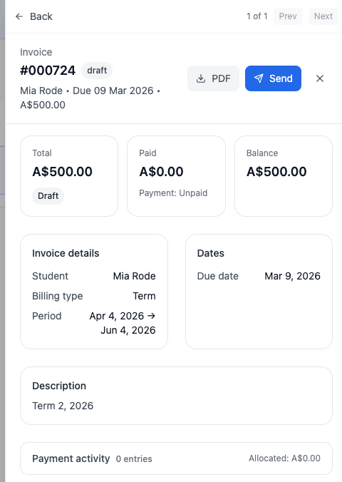 Billing and invoicing screenshots