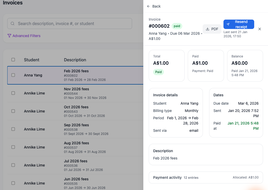 Billing and invoicing screenshots