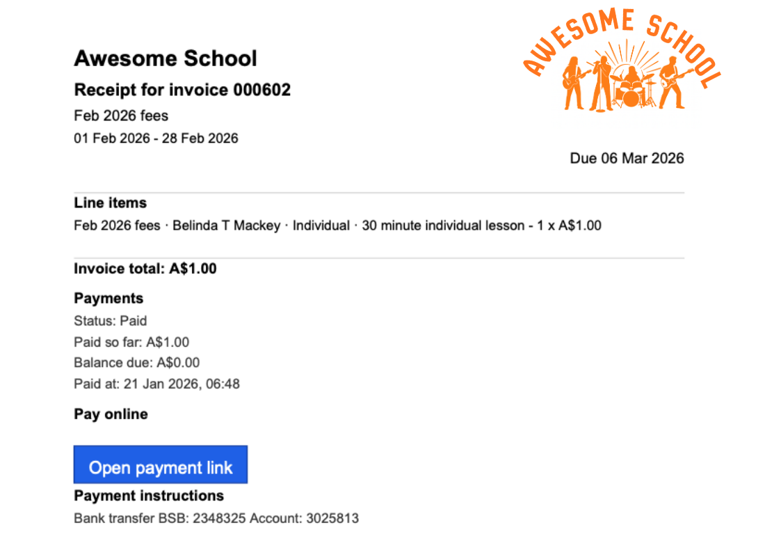Billing and invoicing screenshots