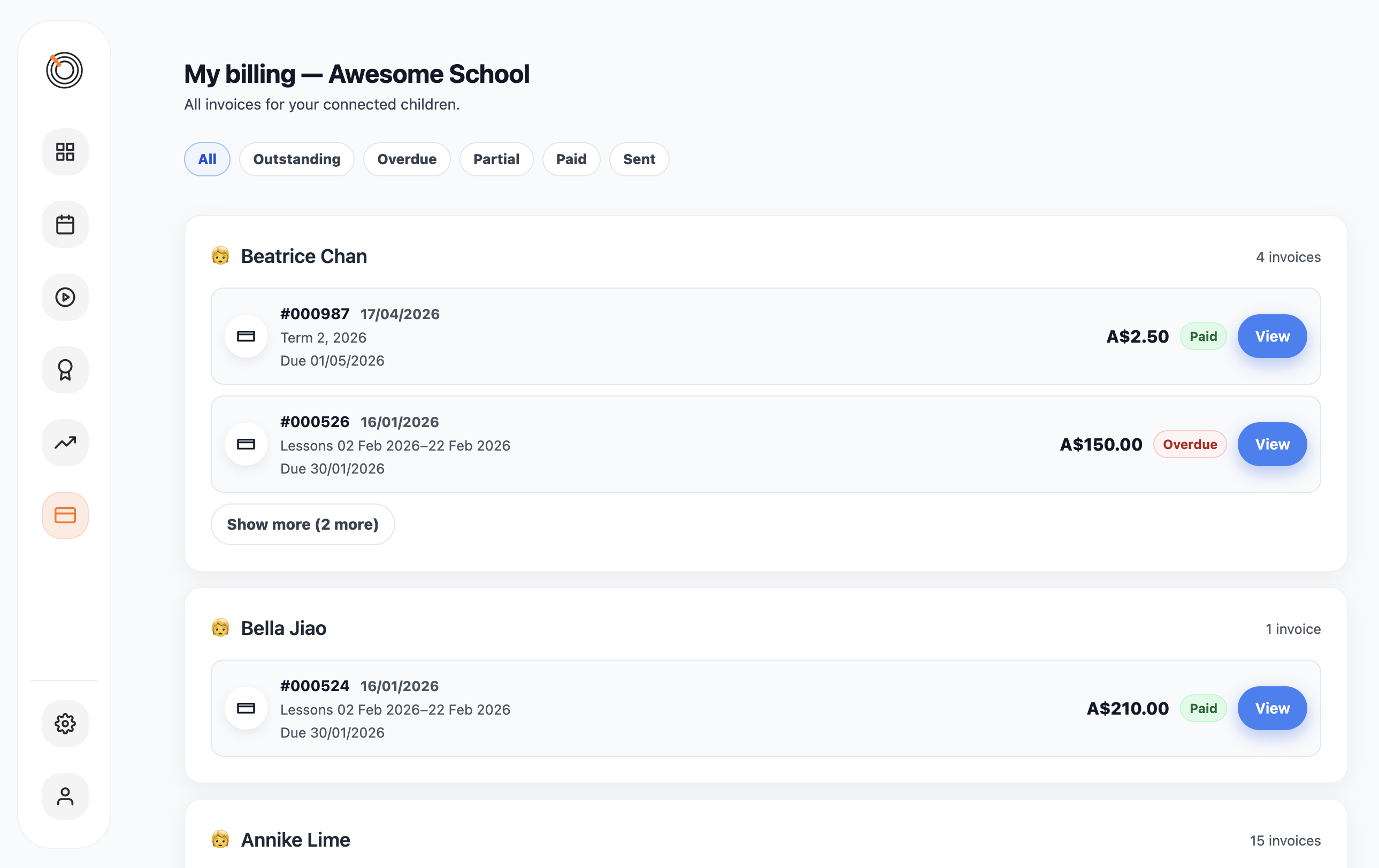 Invoice and payment view in the Family Hub