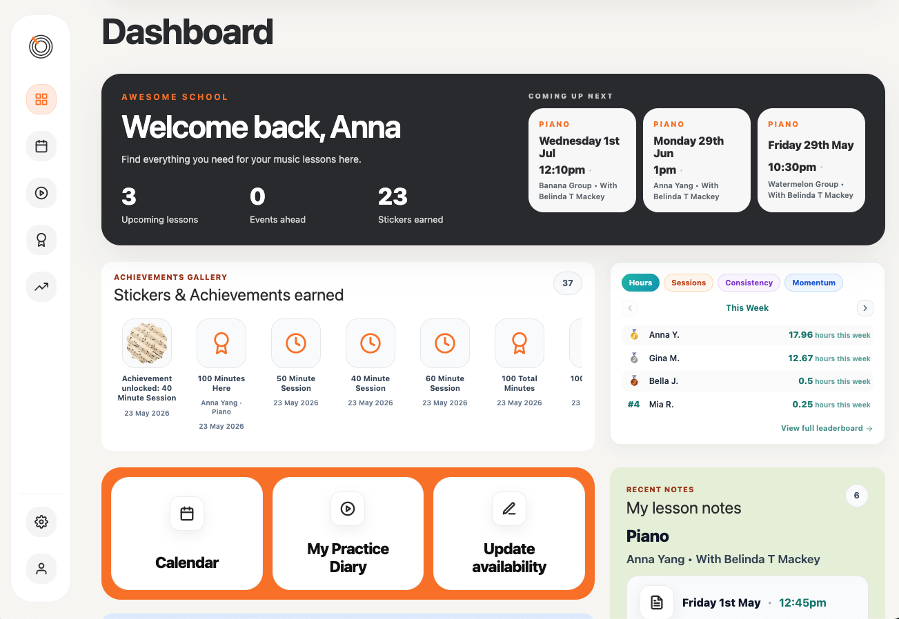 Family Hub dashboard showing upcoming lesson, practice log, and key actions