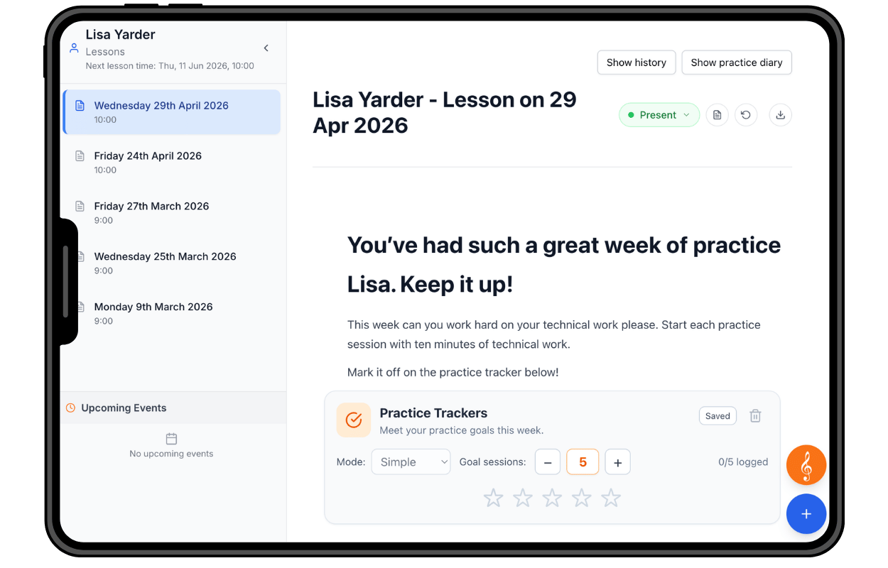 Lesson note editor showing embedded tools and rich text