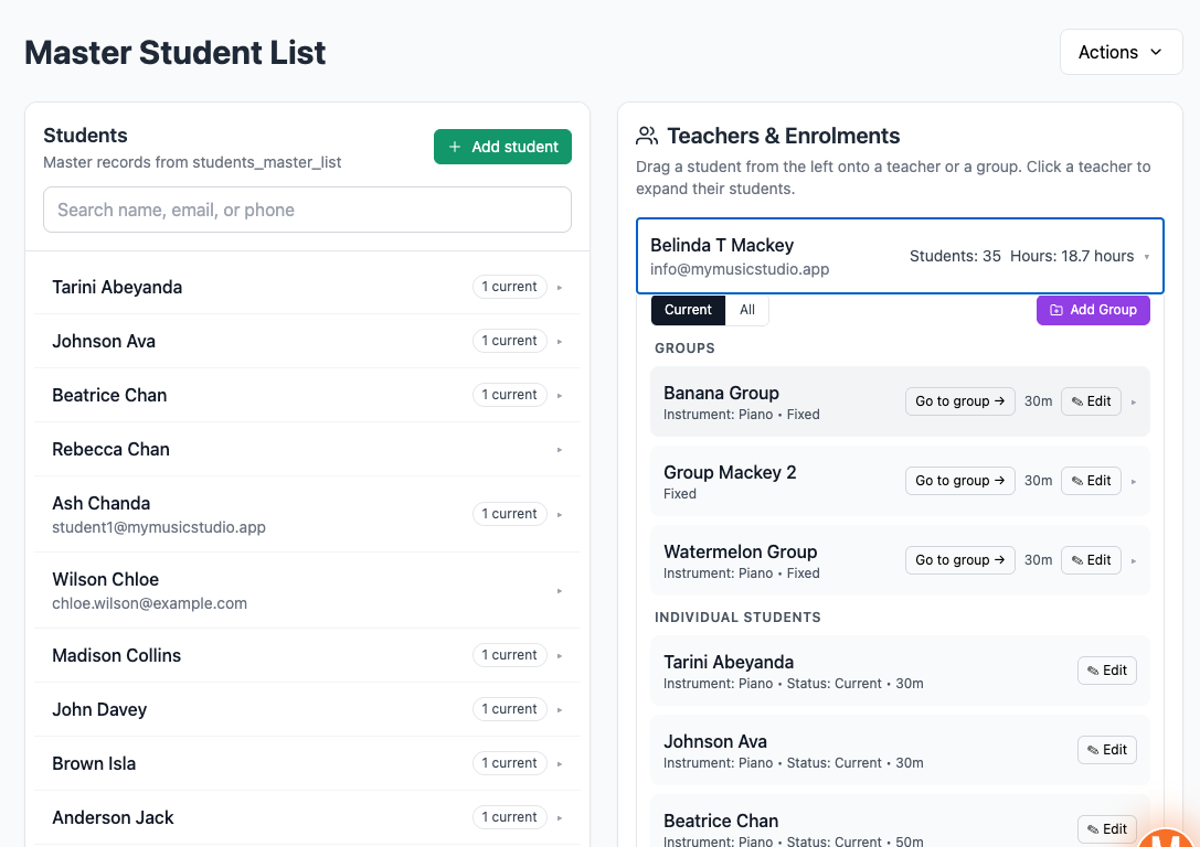 Master student list alongside teachers and their enrolments