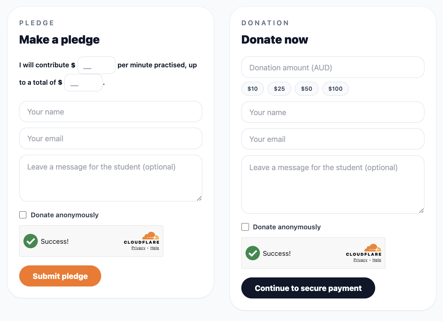 Practiceathon pledge and donation page