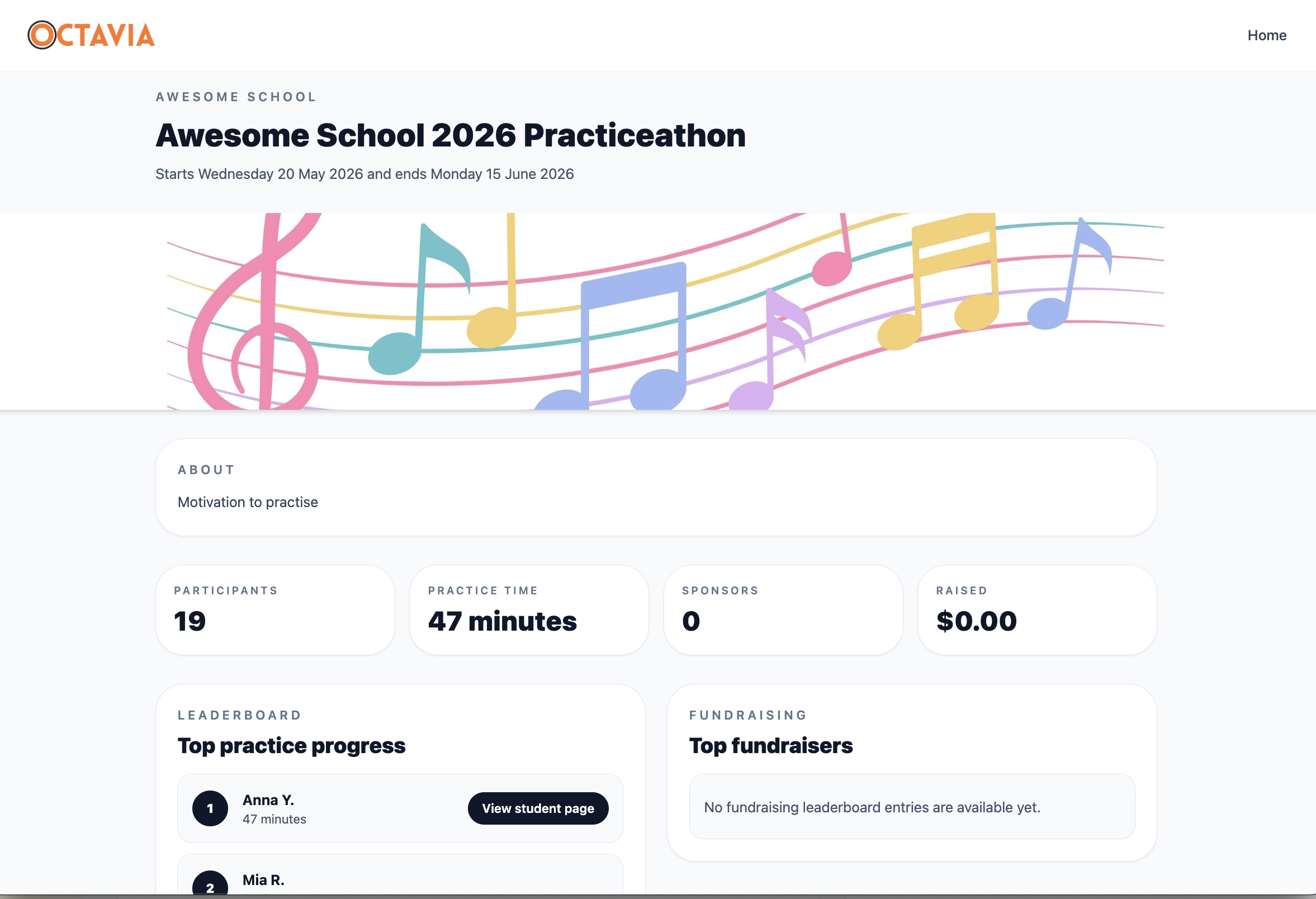 Practiceathon public campaign page showing school progress and leaderboard