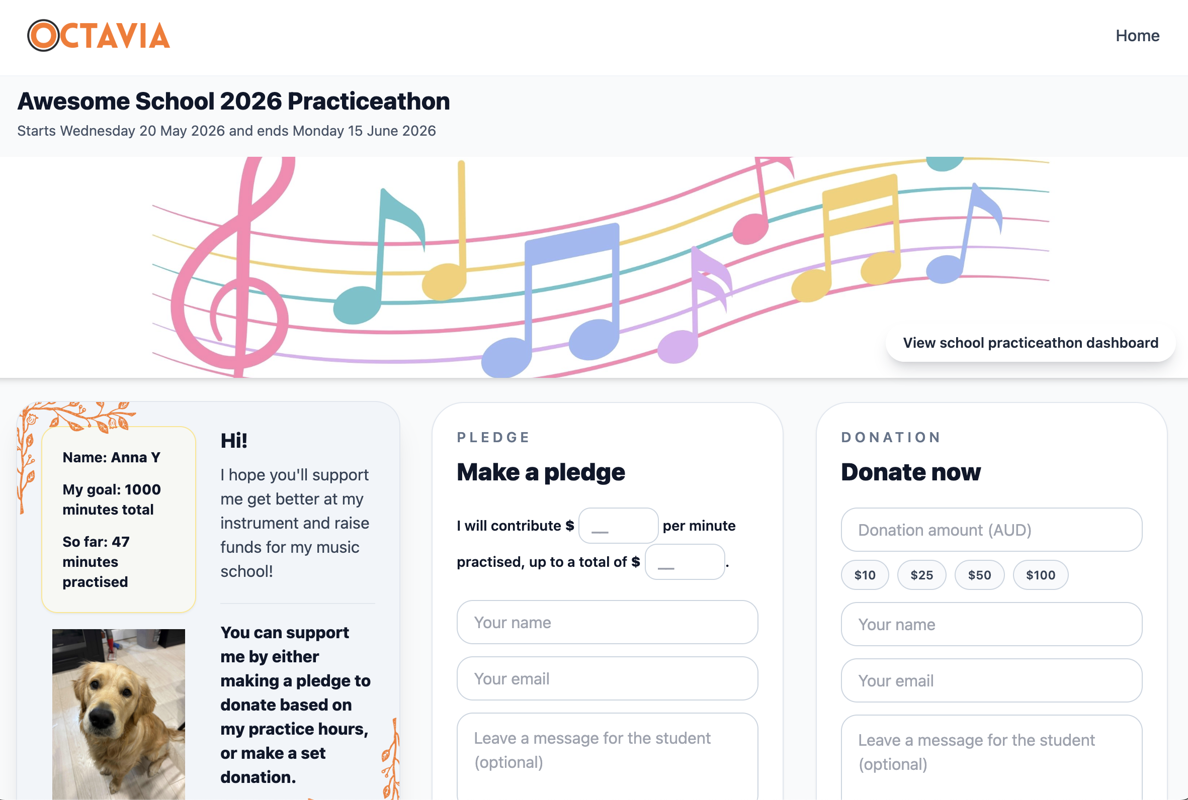 Student Practiceathon fundraising profile page