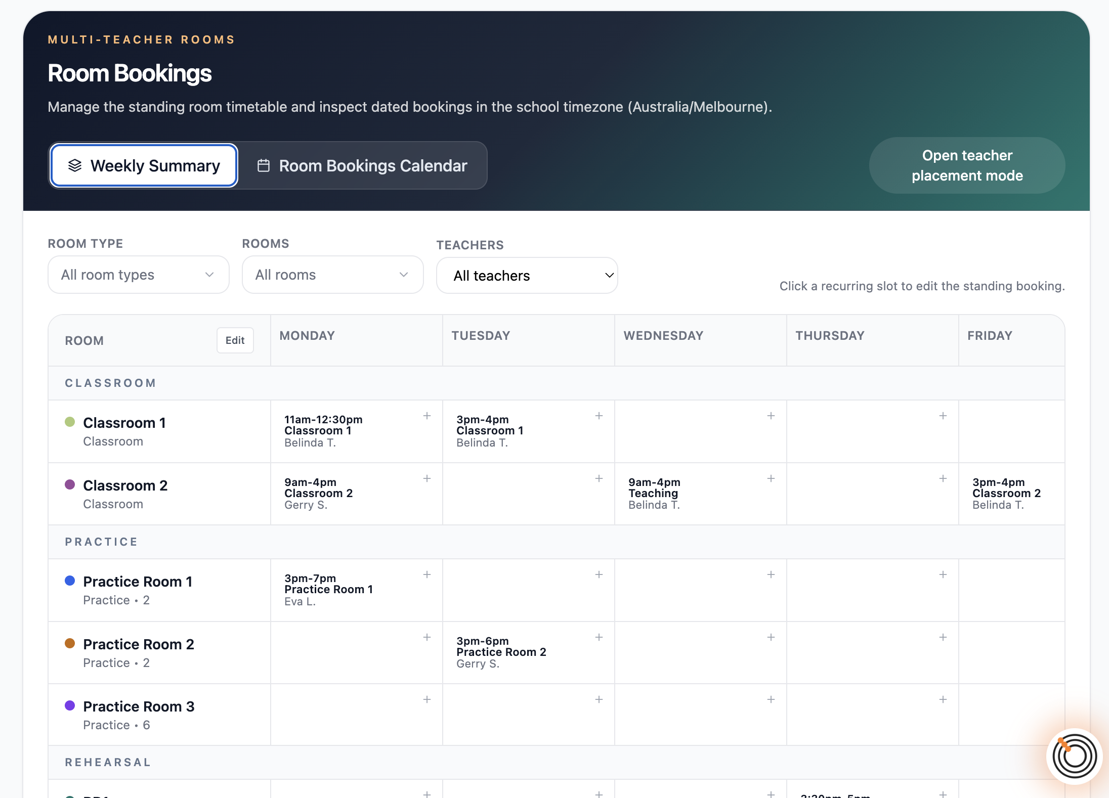Room Bookings weekly overview