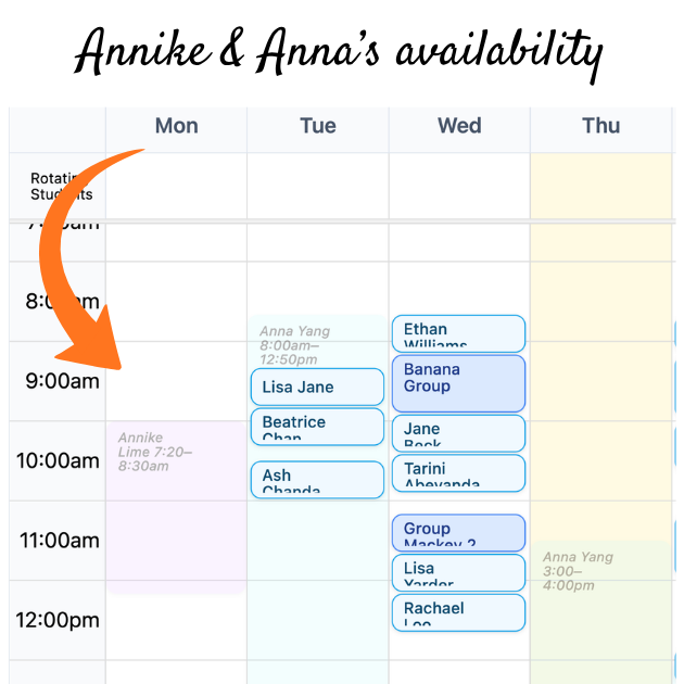 Student availability overlay on the timetable grid