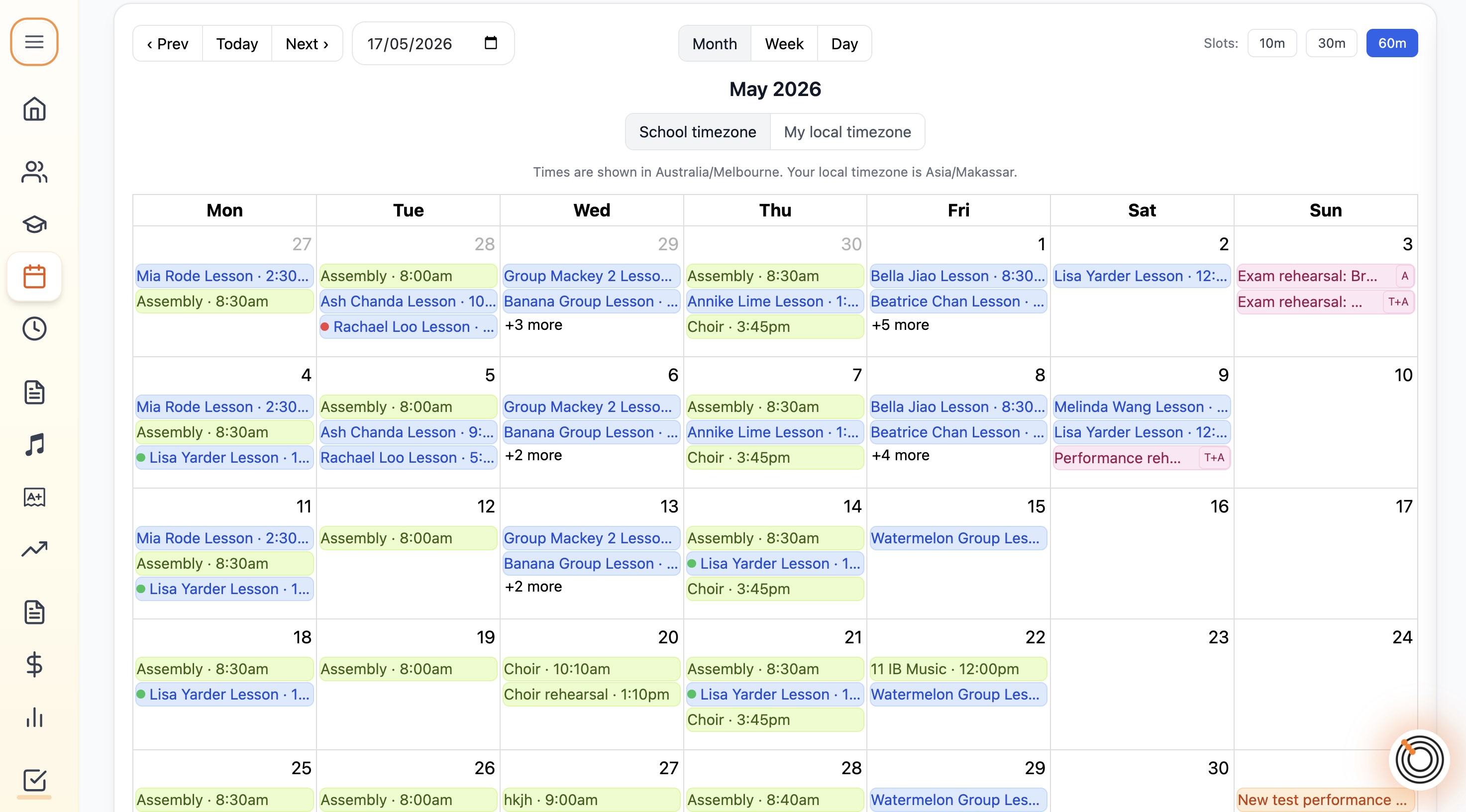 Calendar populated after successful lesson generation