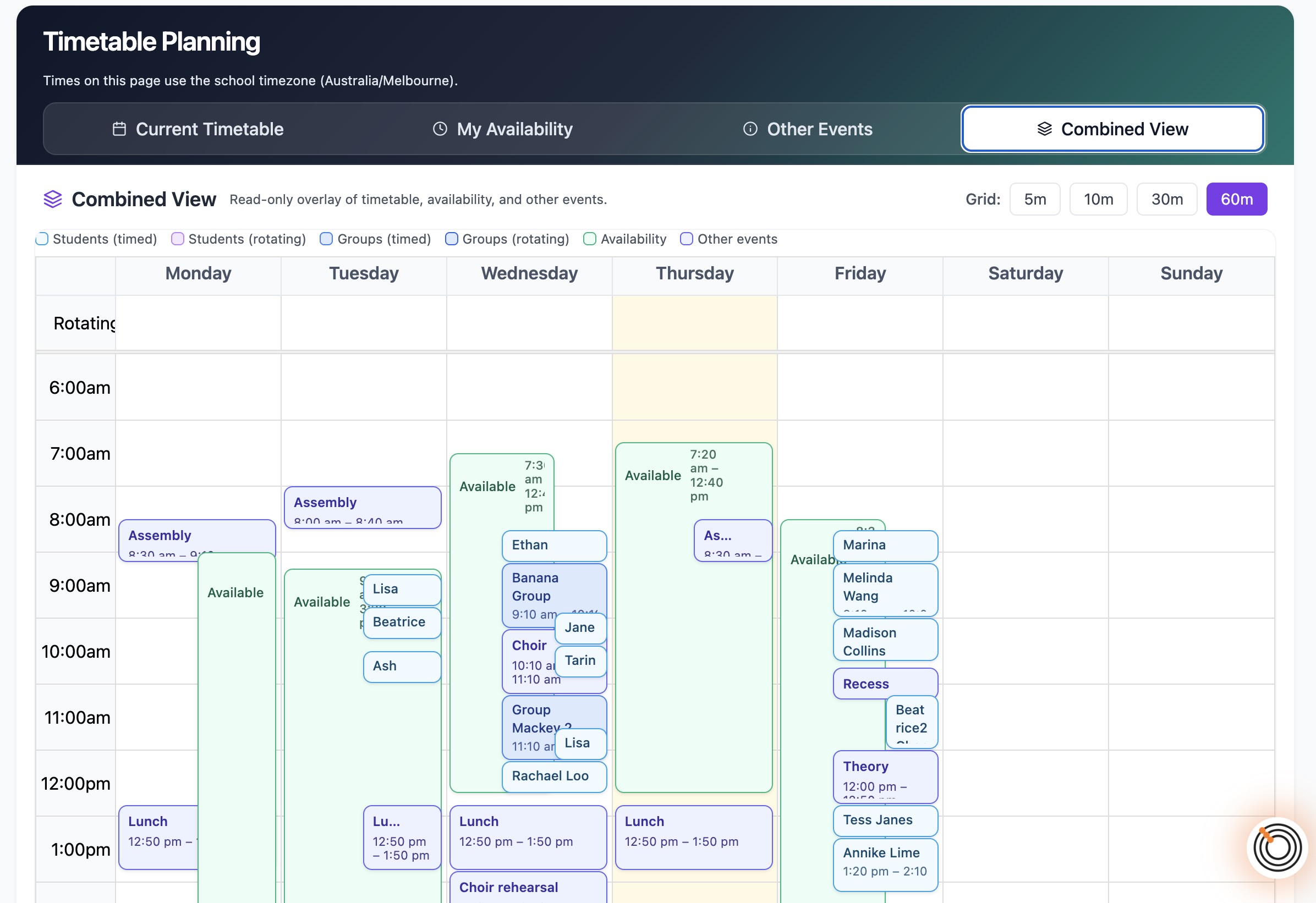 Full Timetable Planner showing planning sidebar and weekly grid