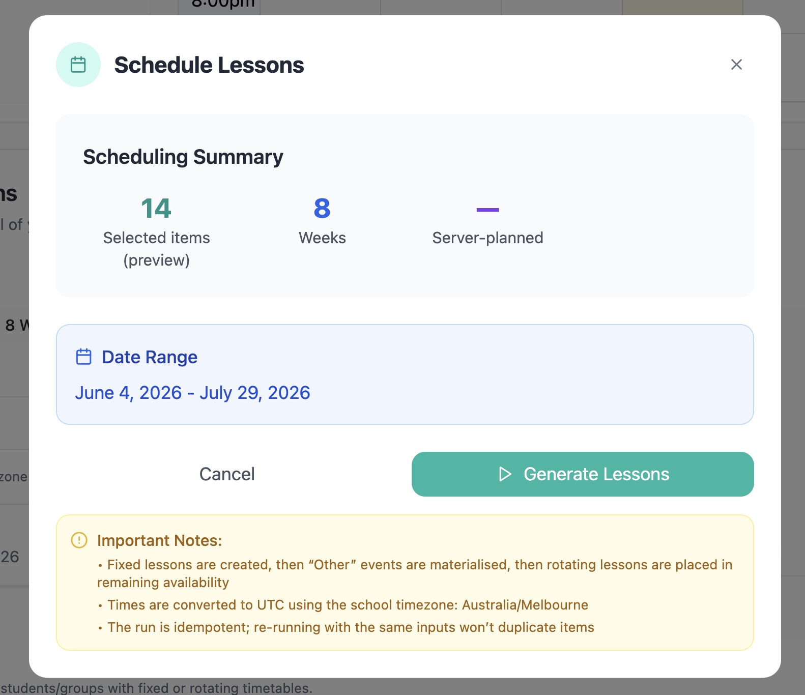 Schedule Lessons confirmation modal showing breakdown of lessons to be created