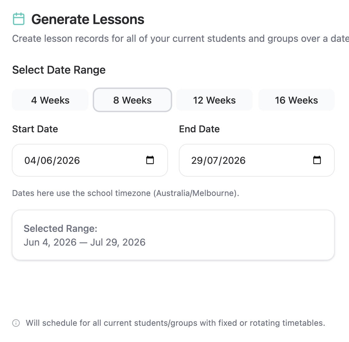 Week range selector showing 4, 8, 12, or 16 week options