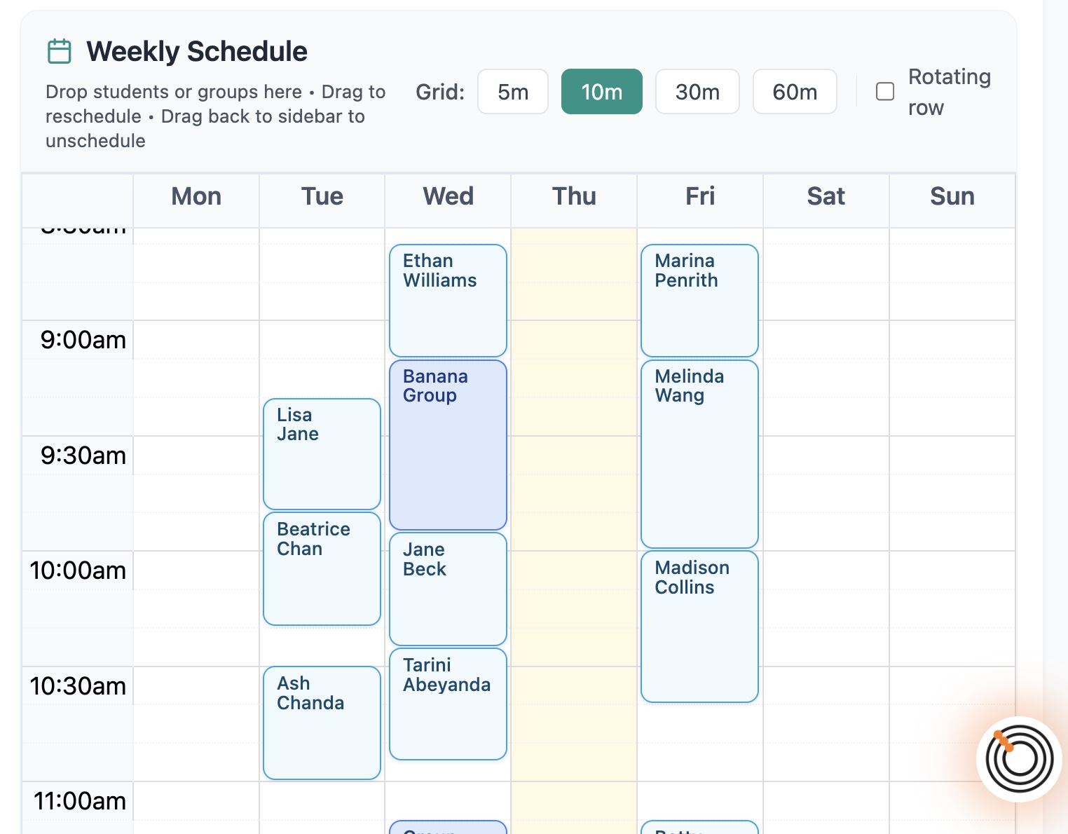 Weekly grid showing configurable time slot resolution options