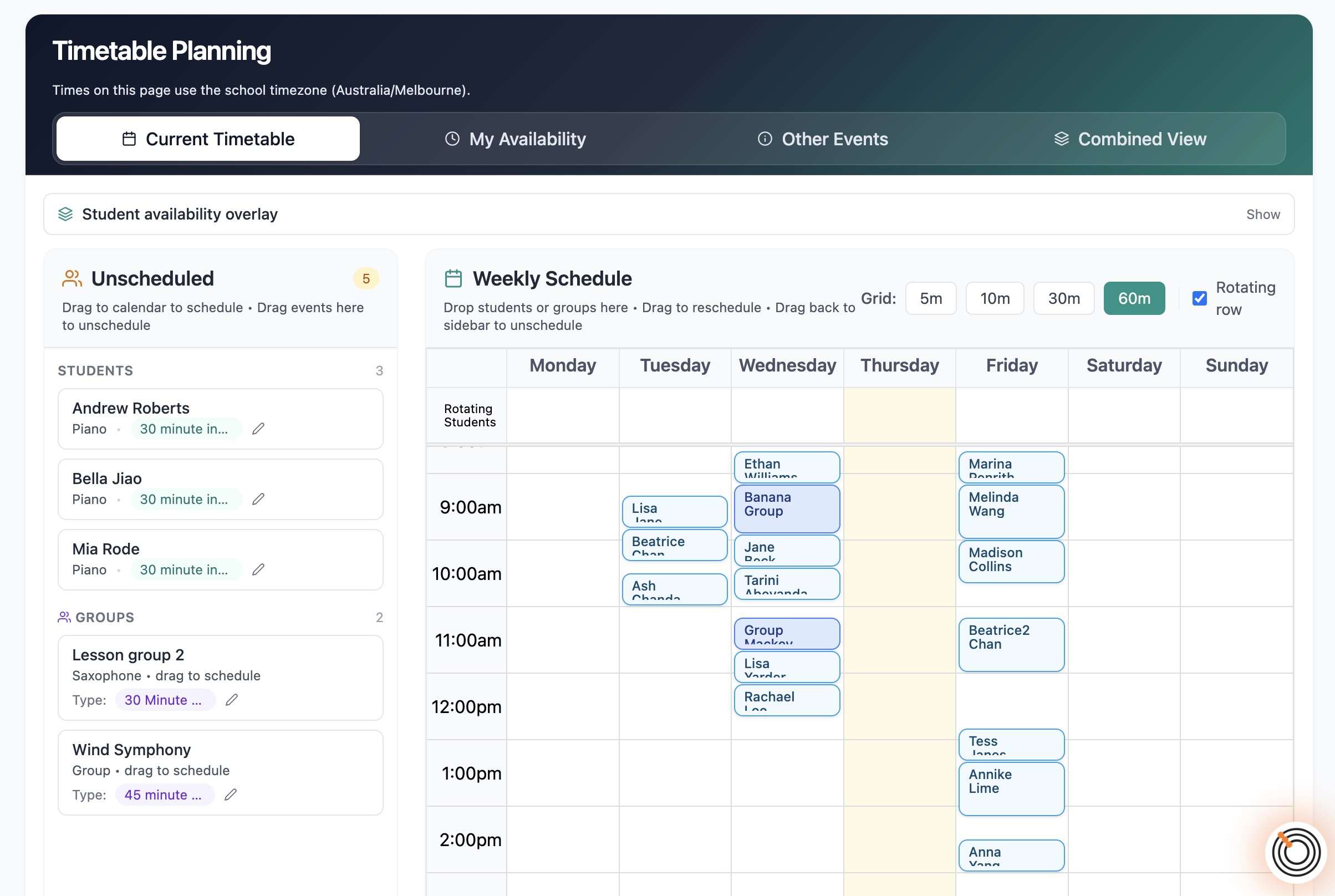 Timetable Plan drag-and-drop weekly grid