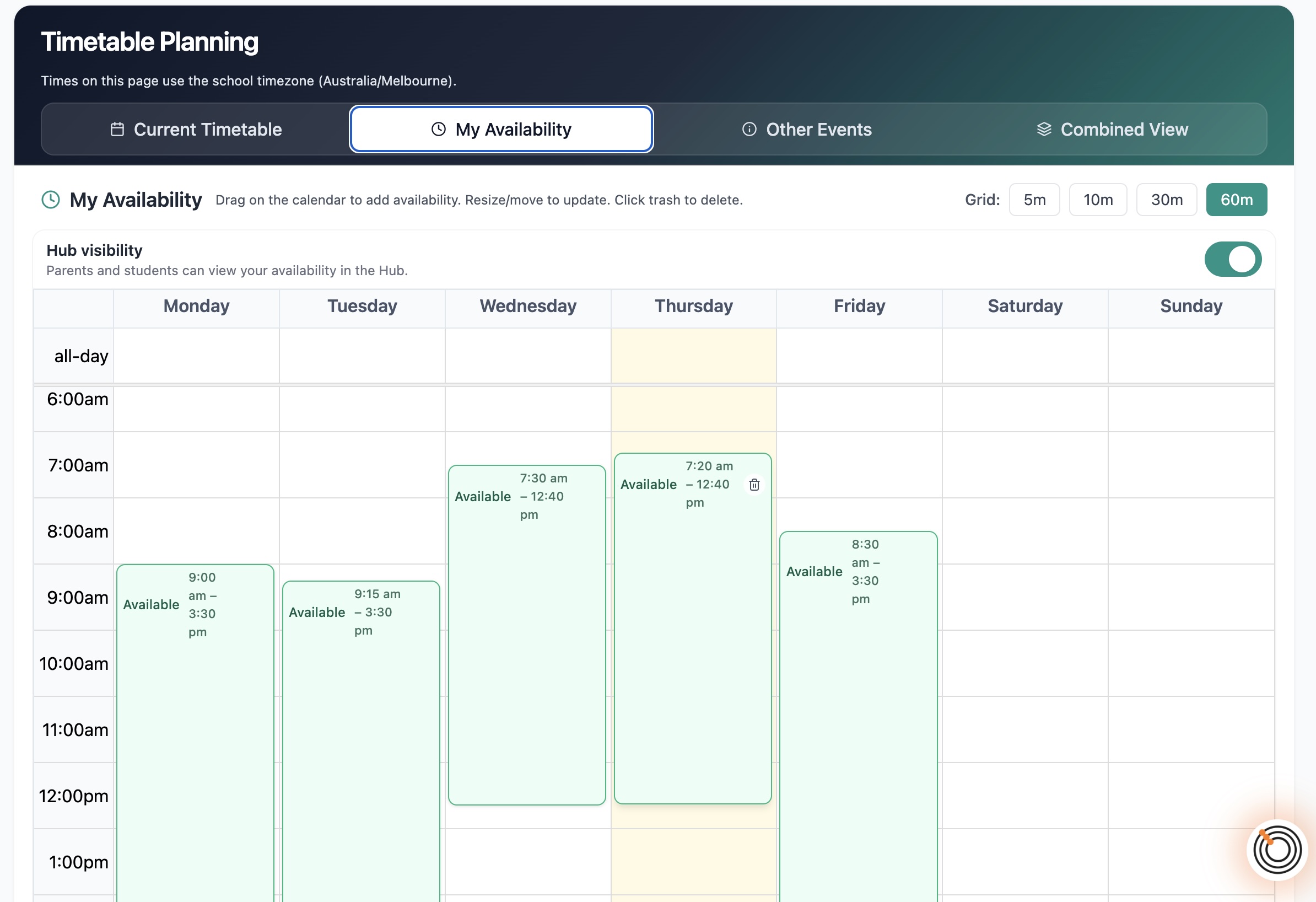My Availability view showing teacher free hours