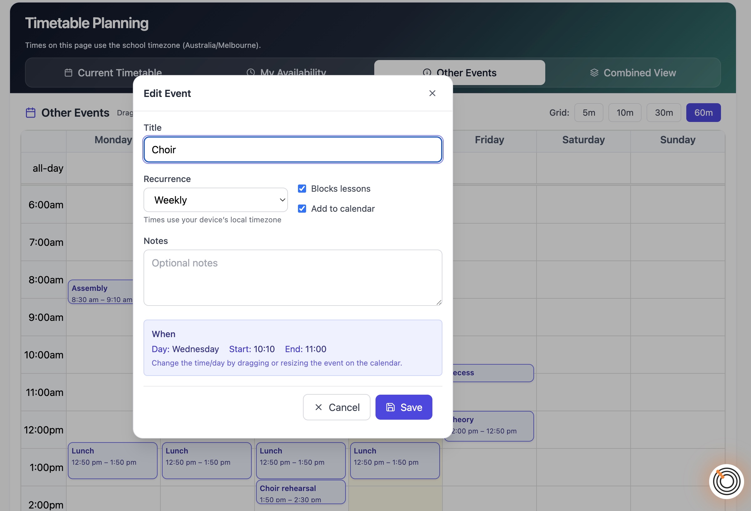 Other Events view with non-lesson time blocks