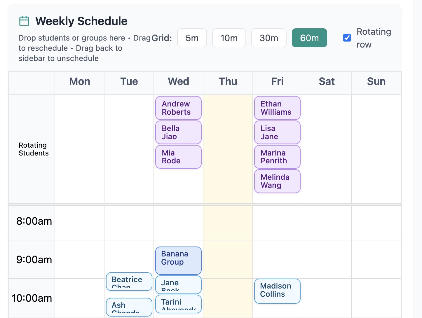 Rotating timetable setup showing day selection and automatic time calculation