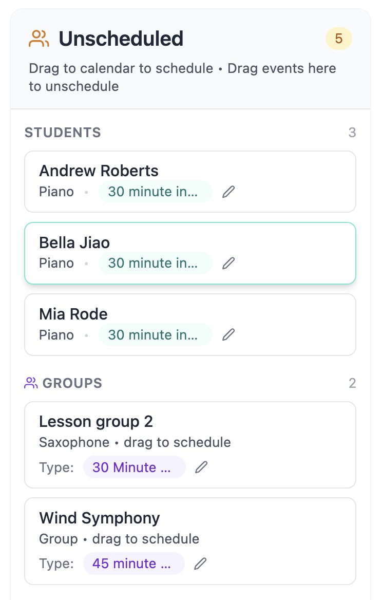 Planning Sidebar showing Unscheduled students and Groups sections