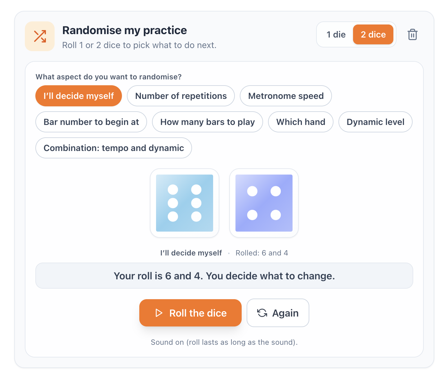 Randomise My Practice tool (Roll the Dice)