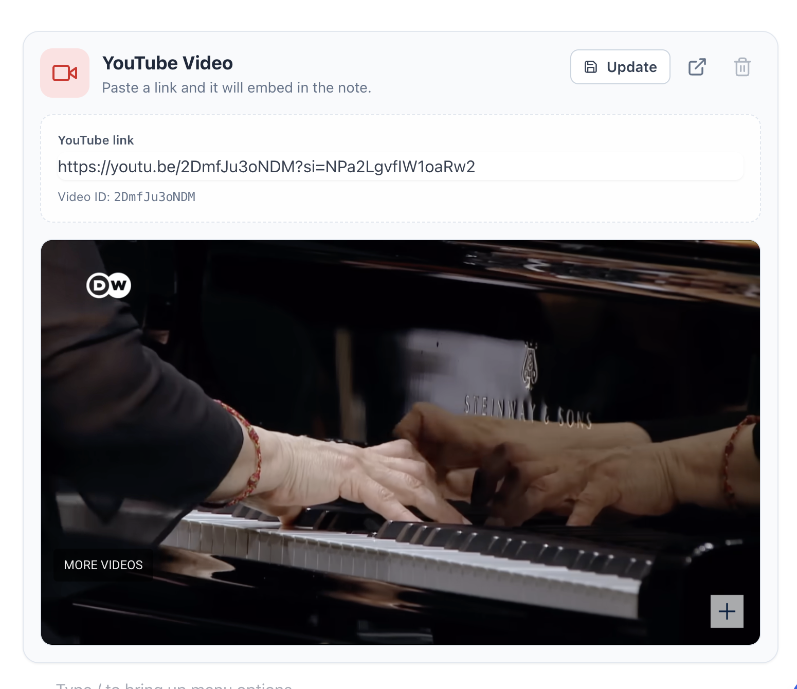 YouTube performance recording embedded inside lesson note