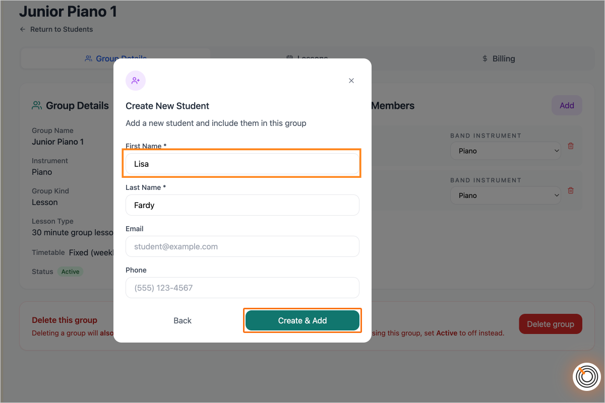 Step 11 - Enter the student's name and click Create and Add