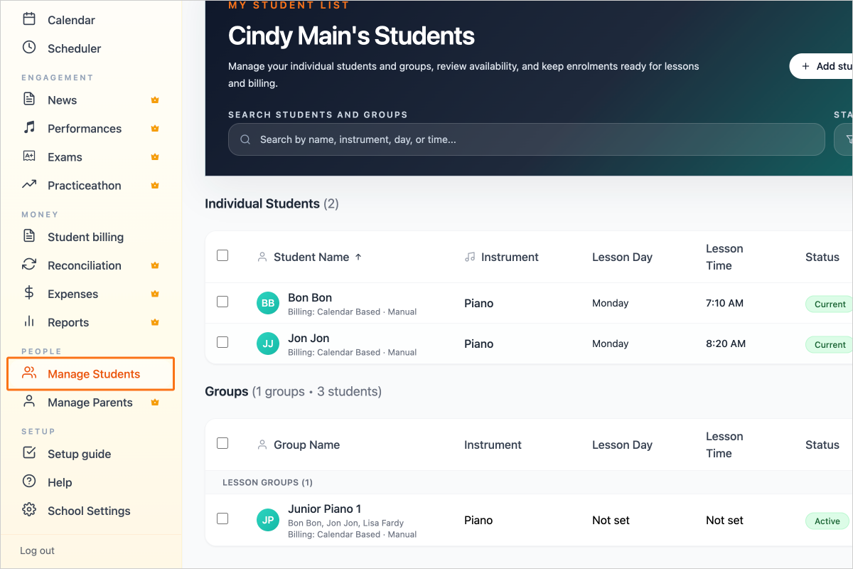 Step 13 - Go to Manage Students