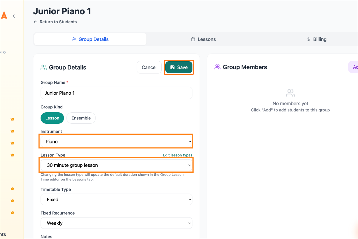 Step 5 - Select the instrument and lesson type and click Save