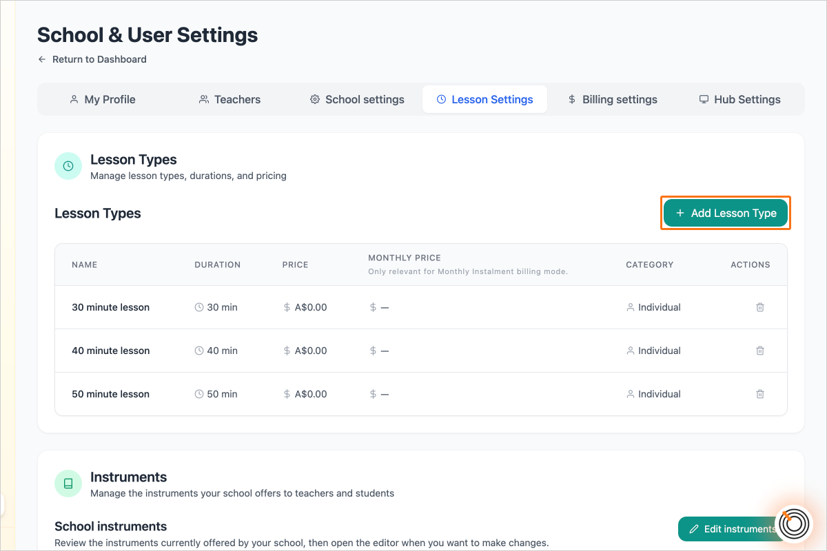Step 3 - Click on the button "Add Lesson Type"