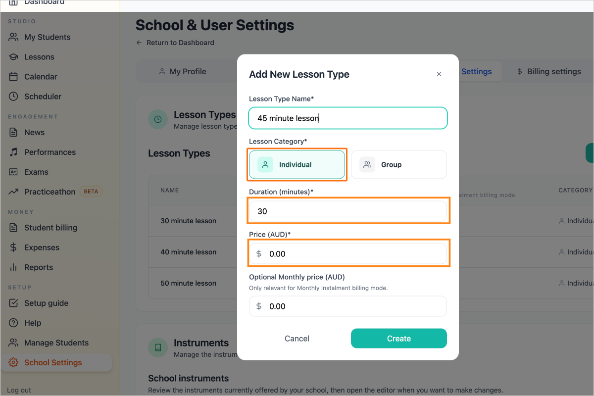 Step 4 - Enter the details, select the Lesson Category (Individual or Group), select duration and price