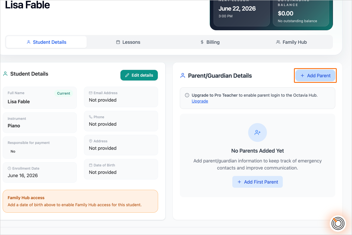 Step 3 - From the Student Details tab, click on the button "Add Parent"