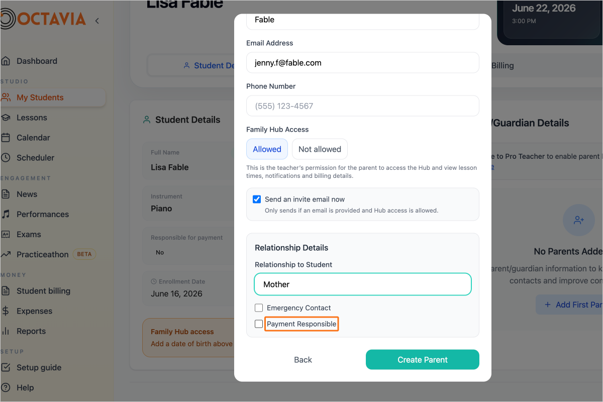 Step 8 - Select "Payment Responsible" if they will be responsible for paying for the student's lessons