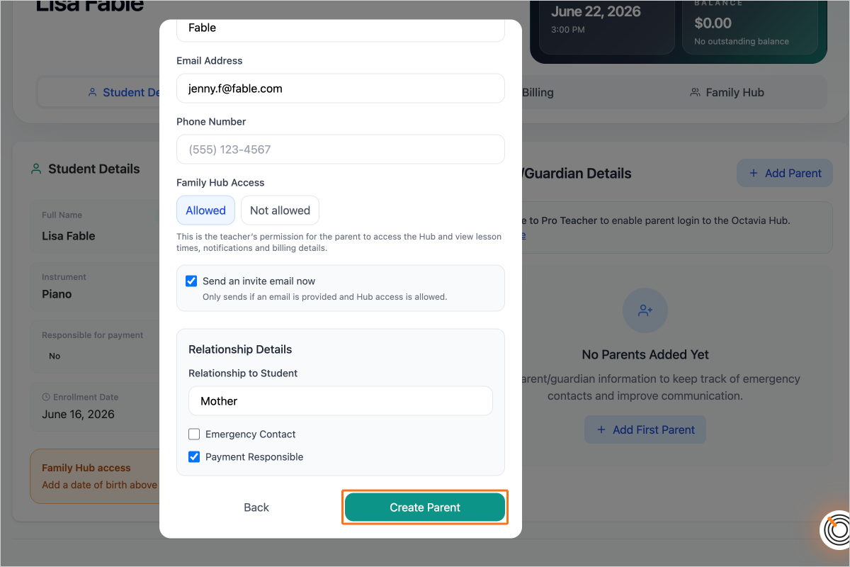 Step 9 - Click on the button "Create Parent"