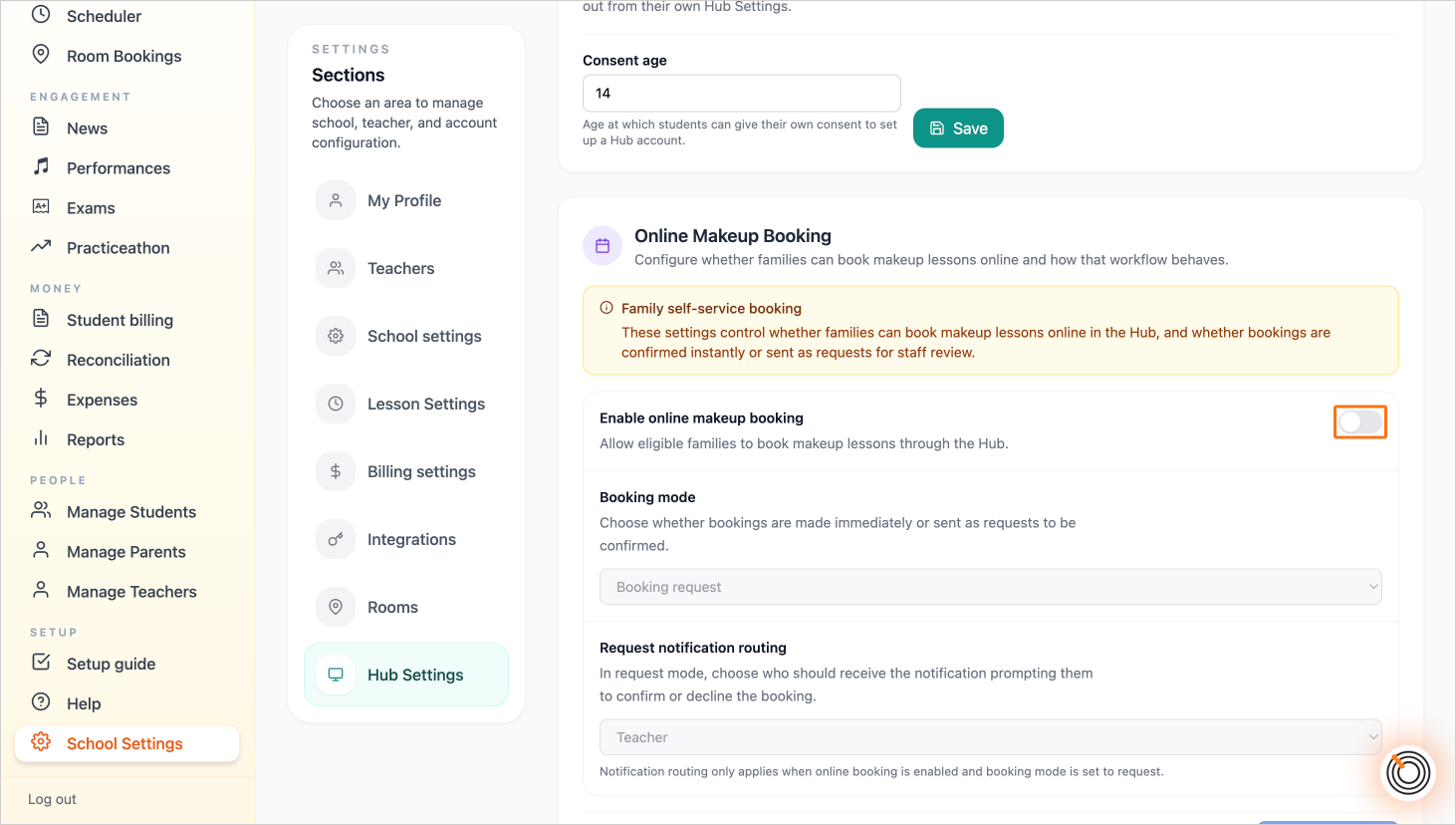 Step 3 - Toggle the Enable online makeup booking setting to on