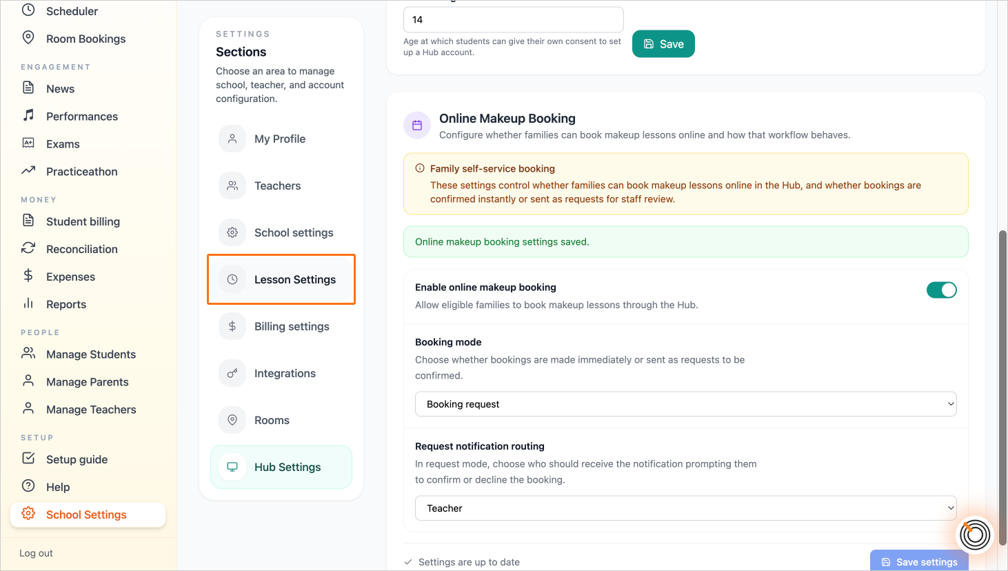 Step 5 - Go to Lesson Settings to configure makeup booking expiry settings